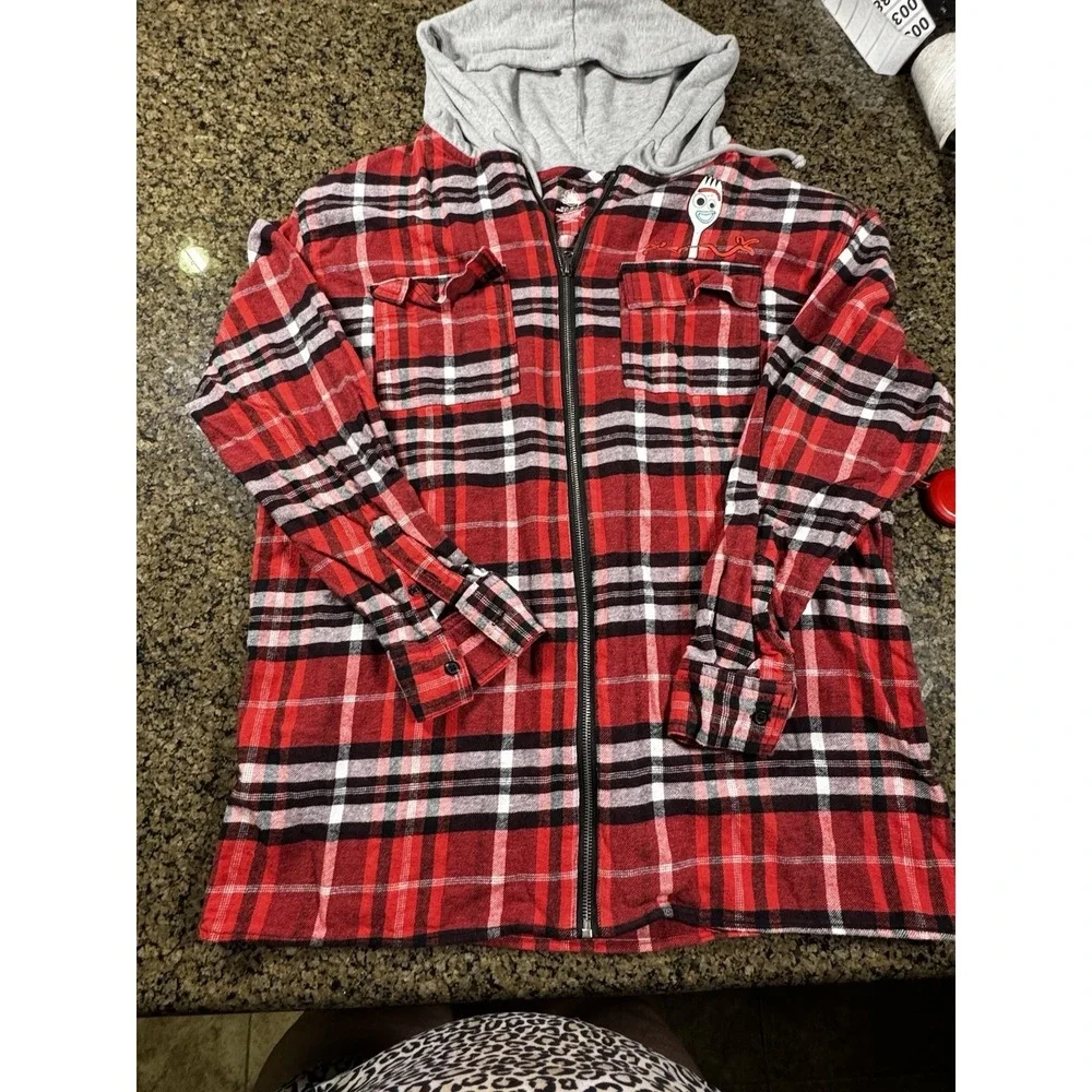 Disney Forky Plaid Flannel Full Zip Hoodie Jacket Adult Large Red Toy Story EUC
